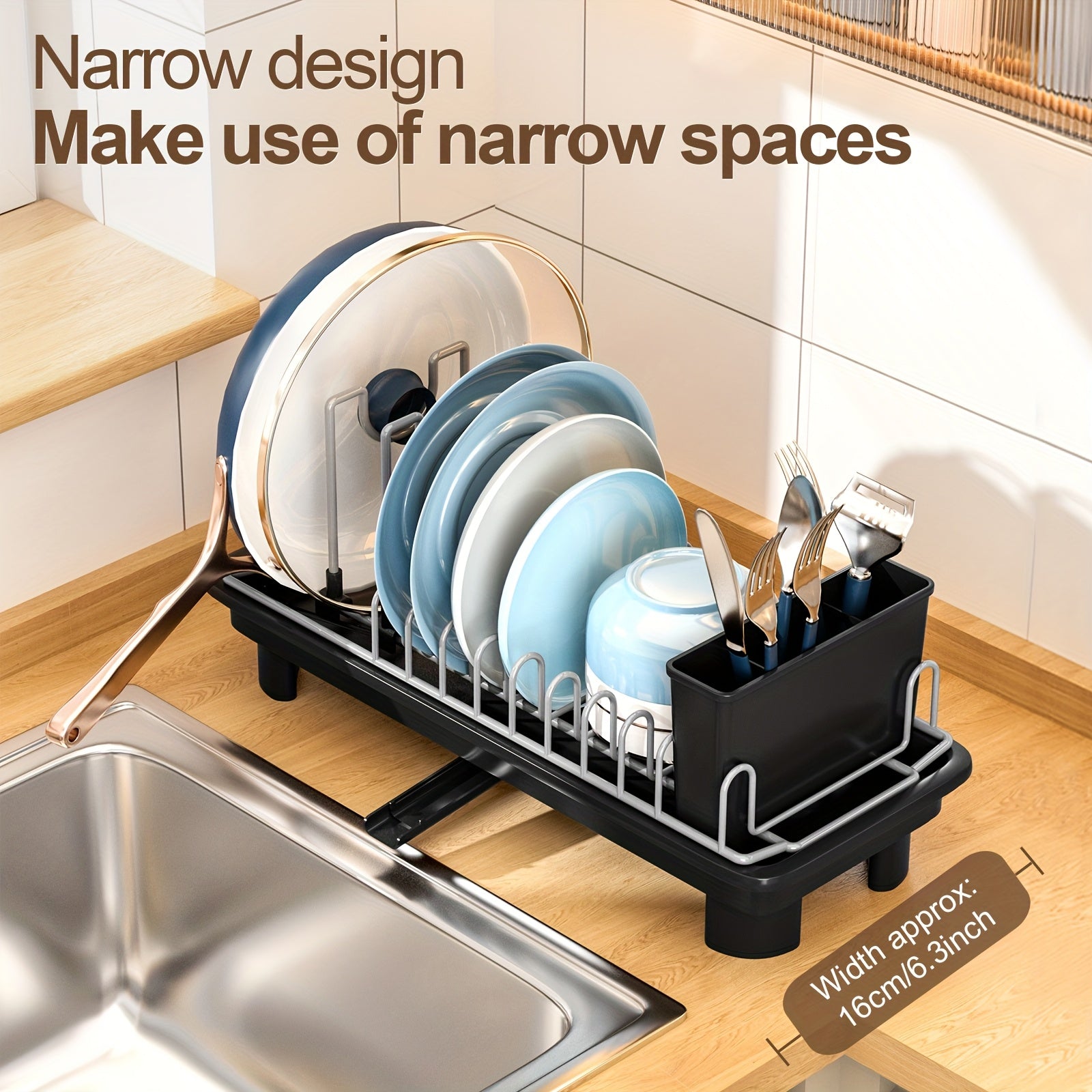 [SANDREAM Dish Drainer] 1pc SANDREAM Dish Drainer with Drain Tray & Drip Line - Durable Plastic & Metal Construction - Under Sink Organizer for Kitchen Utensils, Pots, Pans, Cutting Boards, Cups - Space-Saving Countertop Storage Rack, Dish Drying Rack,