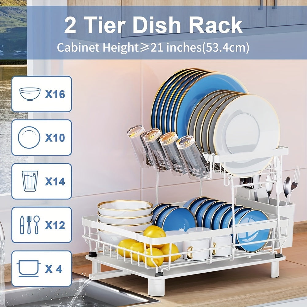 2-Tier Kitchen Dish Drying Rack With Removable Utensil Holder, Large Capacity Drying Rack With Drainboard For Kitchen Sink Counter