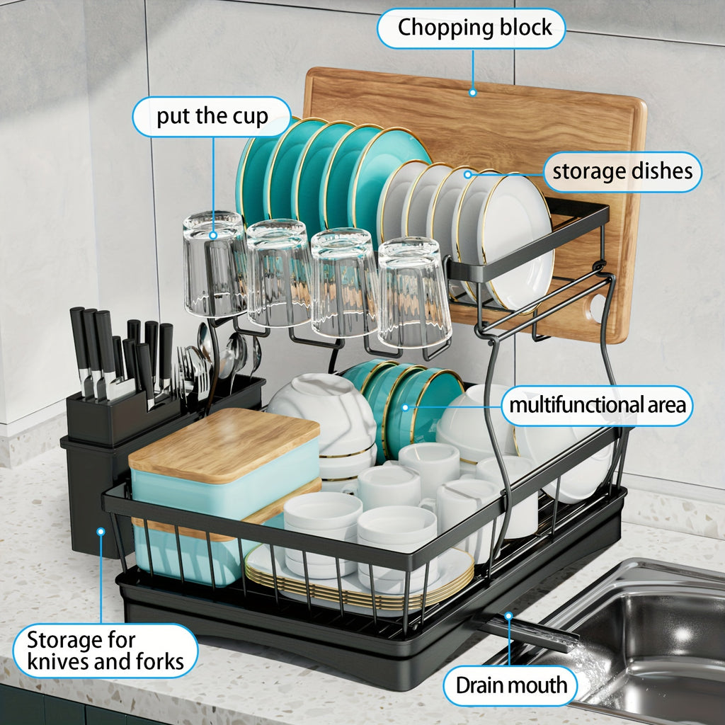 Space saving 2-layer high-capacity sink with bowl and dish holder above, equipped with cutting board, bowl and cup holder, kitchen organizer, durable
