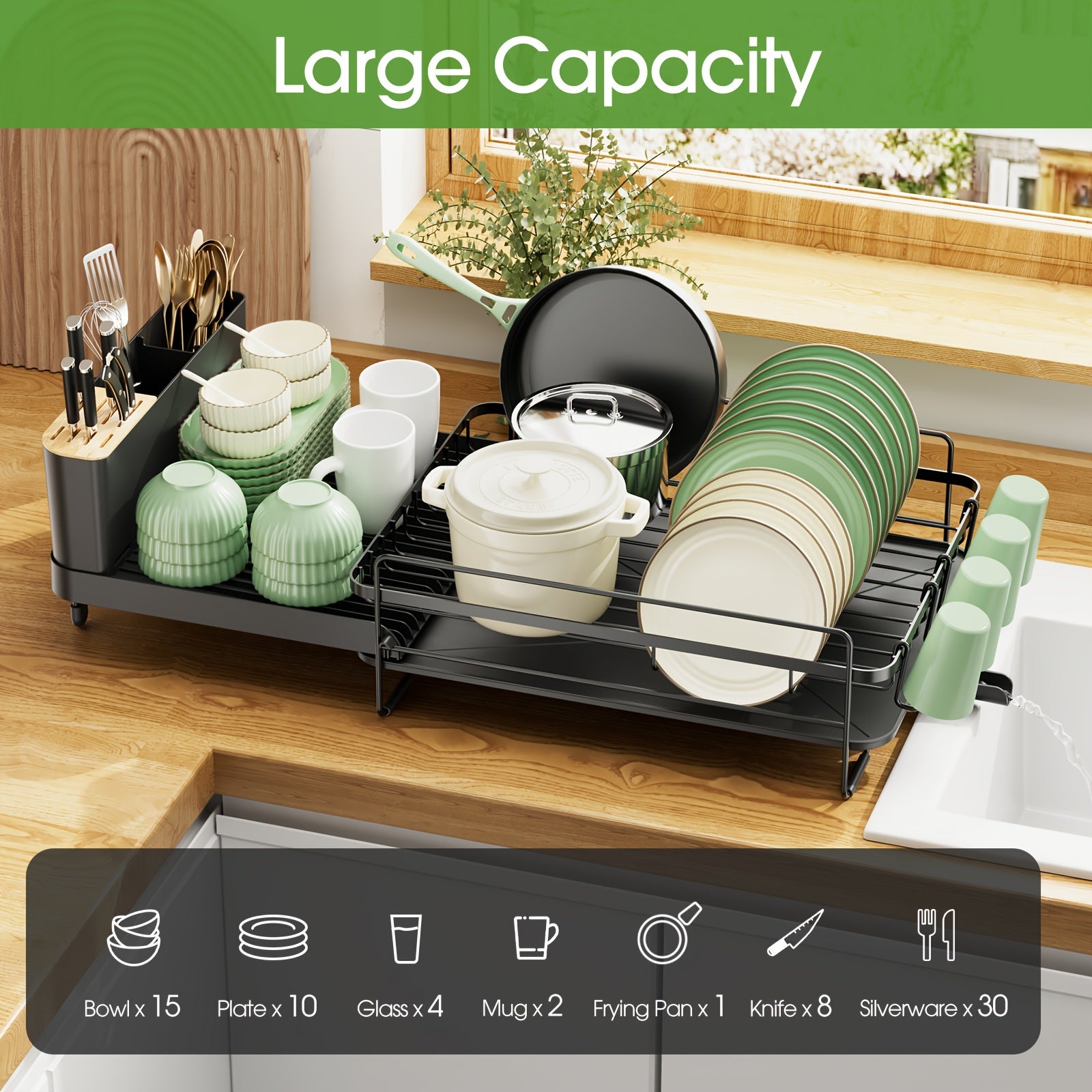 Large Extendable Dish Drying Rack - Anti-Rust Multifunctional Dish Rack And Drainboard Set, Durable Efficient Drying For Kitchen