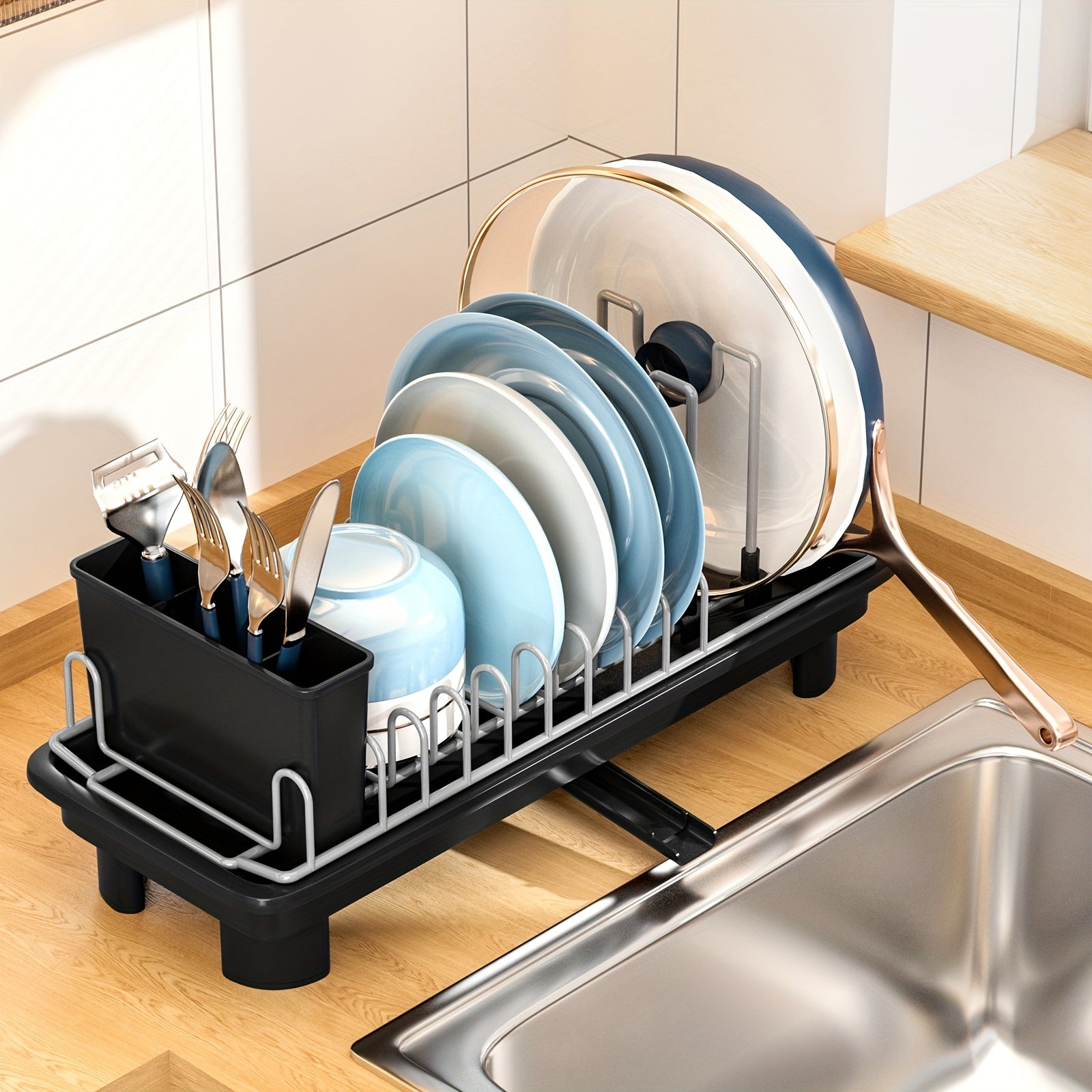 [SANDREAM Dish Drainer] 1pc SANDREAM Dish Drainer with Drain Tray & Drip Line - Durable Plastic & Metal Construction - Under Sink Organizer for Kitchen Utensils, Pots, Pans, Cutting Boards, Cups - Space-Saving Countertop Storage Rack, Dish Drying Rack,