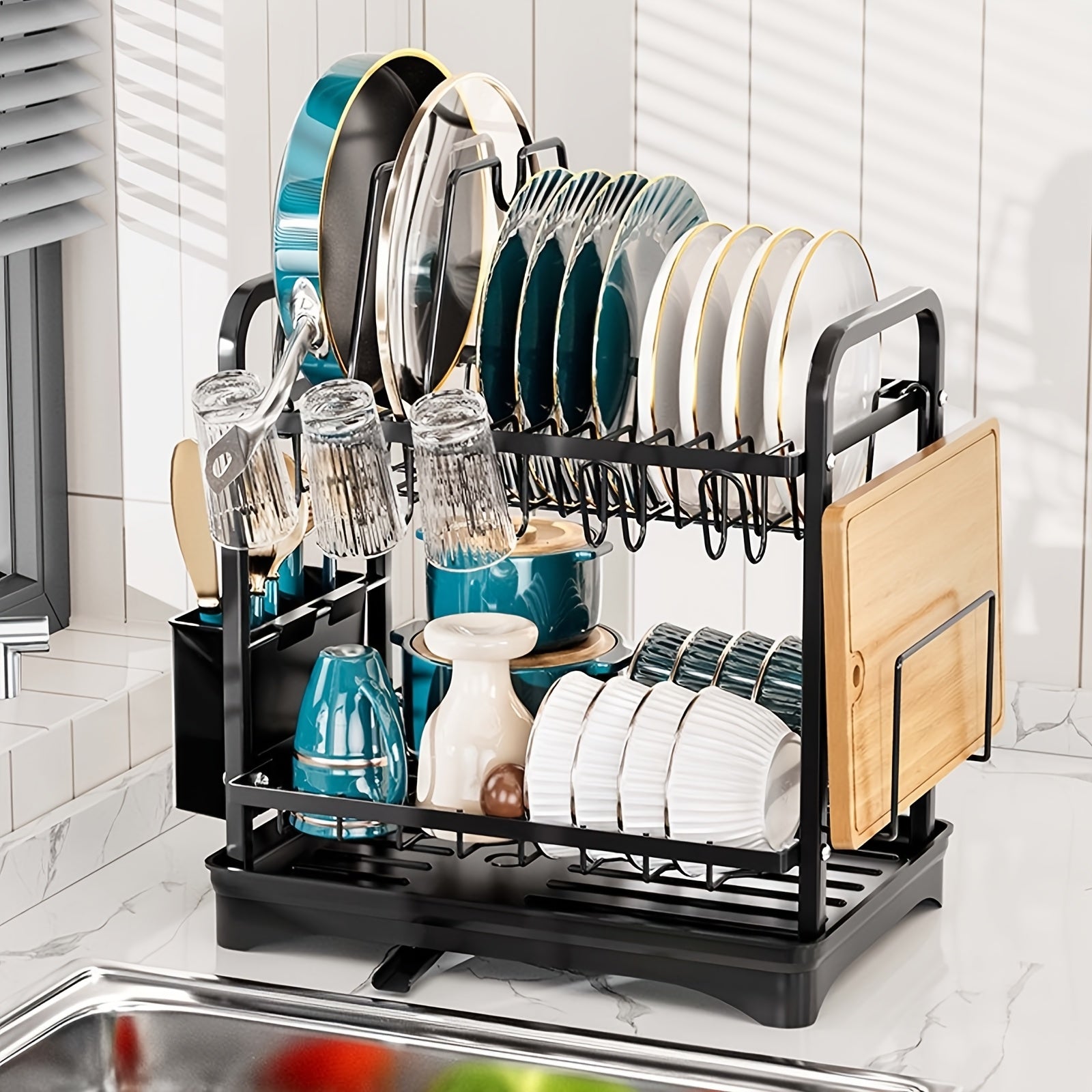 2 Tier Dish Drying Rack with Pot Holders, Dish Racks for Kitchen Counter, Kitchen Utensil Holder Dish Rack with Drainboard, Metal Kitchen Dish Rack, Kitchen Drying Rack Two Tier, Black Dish Racks, Kitchen Organizer, Pantry Organizers And Storage