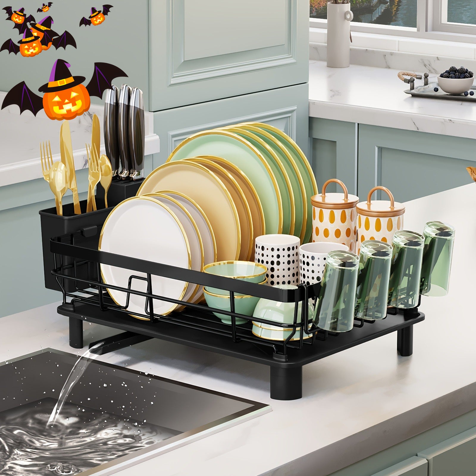 Dish Drying Rack, Single layer dish drain rack- Large Dish Rack with Drainboard, Rustproof Dish Drainer with Utensil Holder for Sink, convenient for storing plates, bowls, cups, knives and spoons