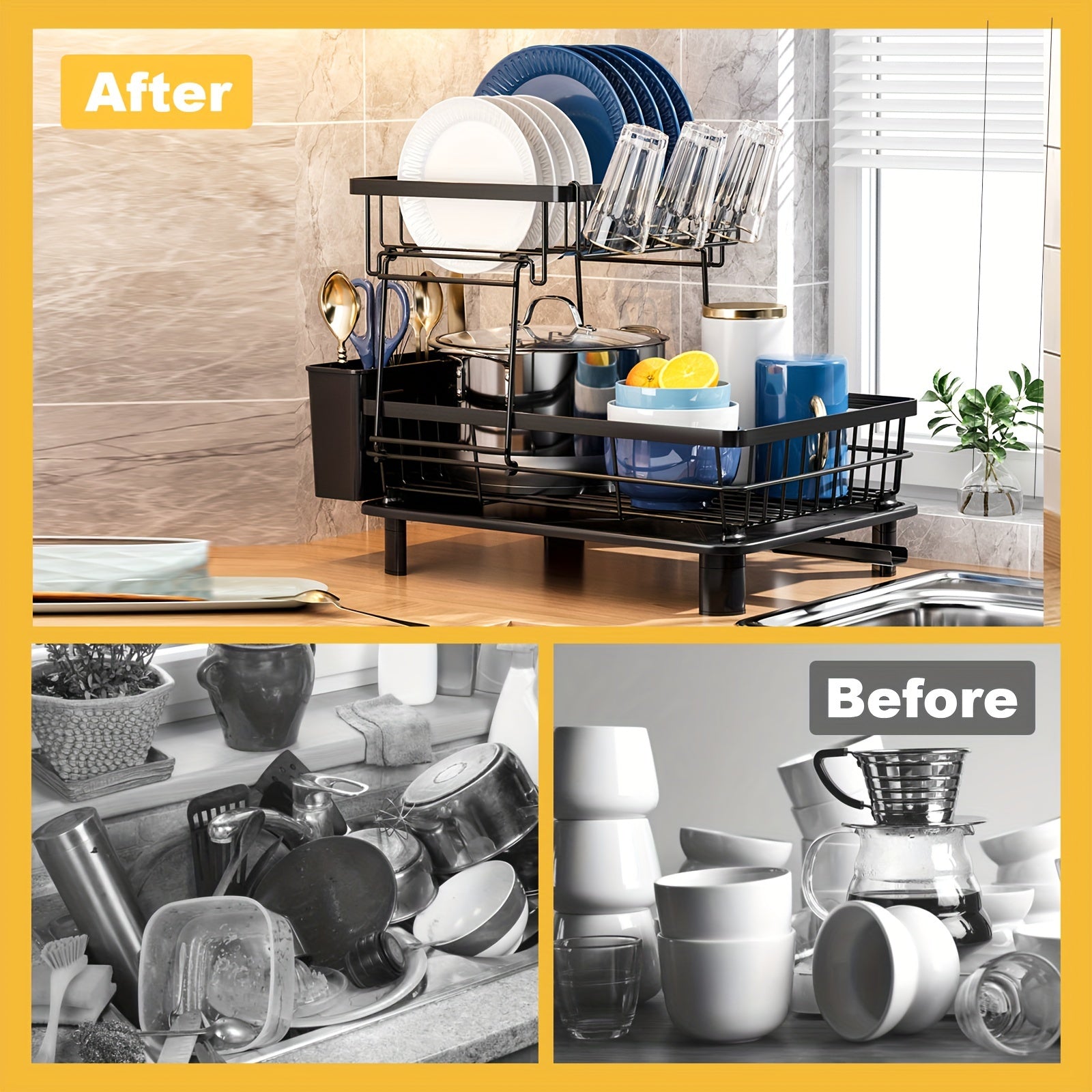 2-Tier Dish Drying Rack with Drainboard - Metal and Plastic Kitchen Dish Drainer with Utensil Holder - Anti-Rust Compact Countertop Dish Rack Organizer - 1pc Dish Racks for Home Kitchen Storage