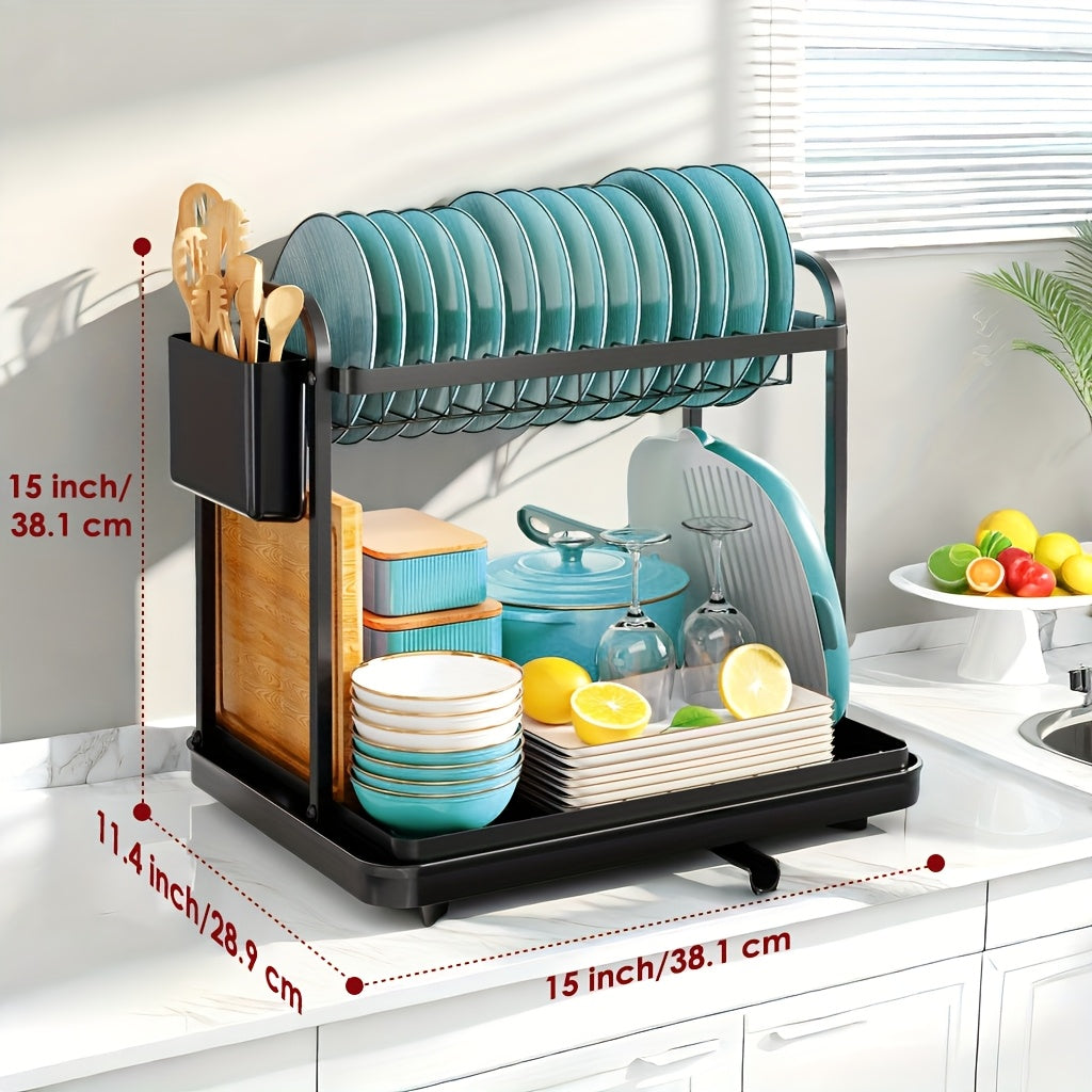[Space-Saving Dish Drying Rack] Large Capacity 2-Tier Metal Dish Drying Rack with Drainboard | Stainless Steel Kitchen Counter Organizer for Dishes, Bowls & Cookware - Black, Space-Saving Design for 3-4 Person Households, Utensil Holders & Knife Slots