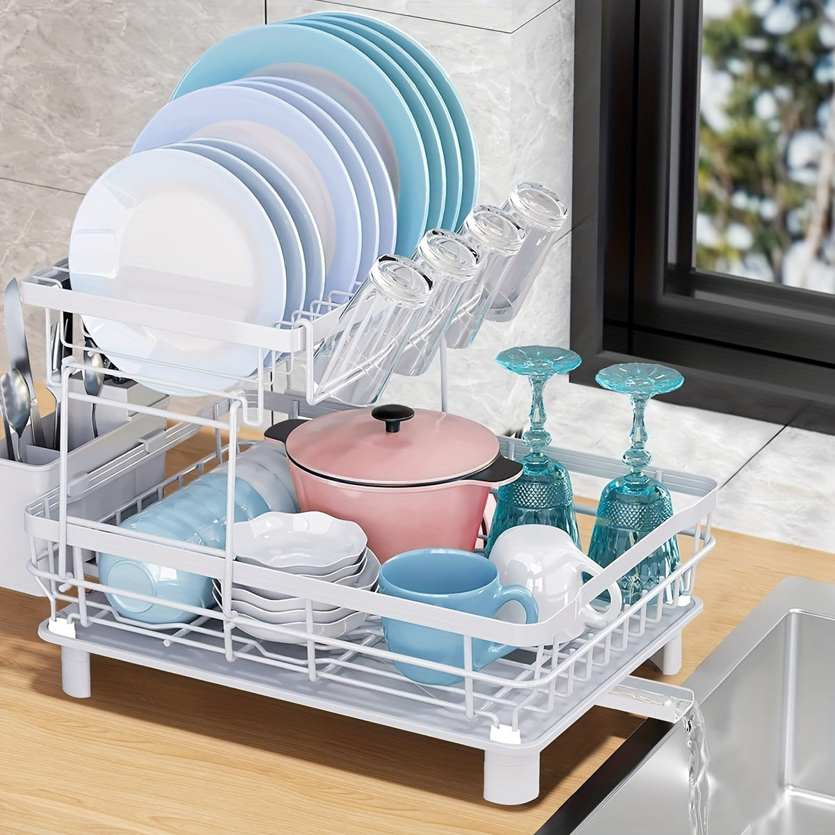 Dish Drying Rack, 2 Tier Dish Racks For Kitchen Counter, Large Dish Drying Rack With Drainboard & Utensil Holders, Rust-Proof Dish Drainers, Kitchen Organization