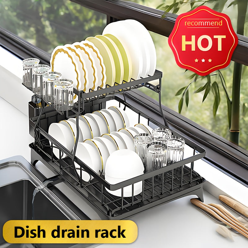 Heavy-Duty Stainless Steel Dish Drying Rack - Space-Saving Two-Tier Countertop Organizer with 360° Drainage System, Plate, Bowl, Cup & Utensil Holders - Compact Sink Rack for Modern Kitchen - Easy to Clean, Dish Drying Rack for Kitchen Counter, Clean Dish