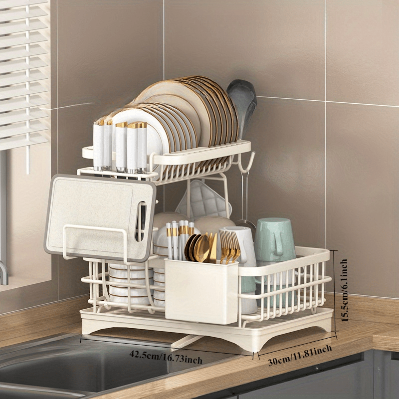 [Heavy-Duty Dish Rack] Space-Saving Heavy-Duty Dish Rack - 2-Tier Dish Drying Rack with Drainboard & Utensil Holder, No Assembly Needed, Compact Kitchen Organizer for Countertop, Plates, Pots, Bowls - Rustresistant Material, Classic Design, Ideal for Home