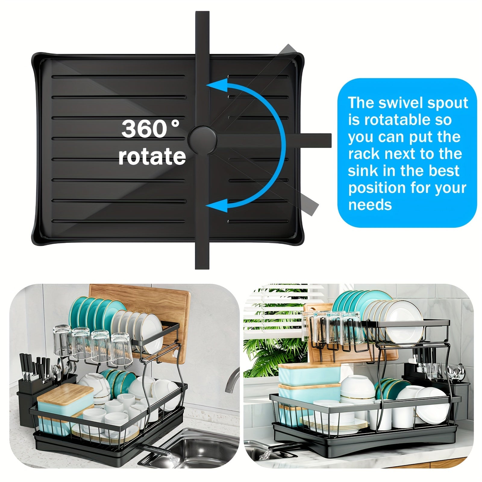 Space saving 2-layer high-capacity sink with bowl and dish holder above, equipped with cutting board, bowl and cup holder, kitchen organizer, durable