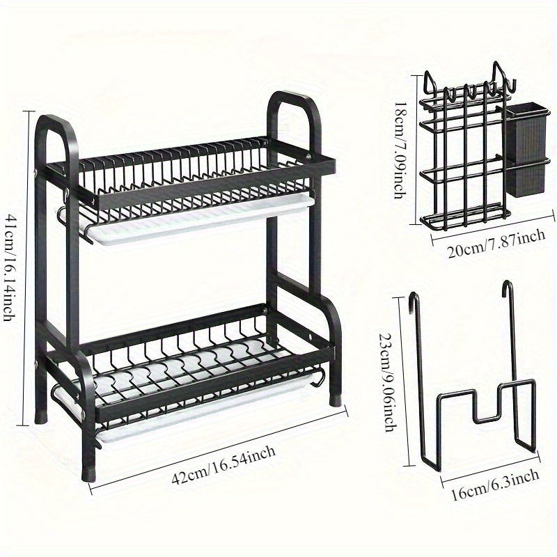 1pc 2-Tier Stainless Steel Kitchen Dish Rack with Utensil Organizer - Space-Saving Countertop Storage for Plates, Bowls & Cutlery (Includes Bonus Dishes), Corrosion-Resistant Design, 2 Tiers Suitable Modern Kitch