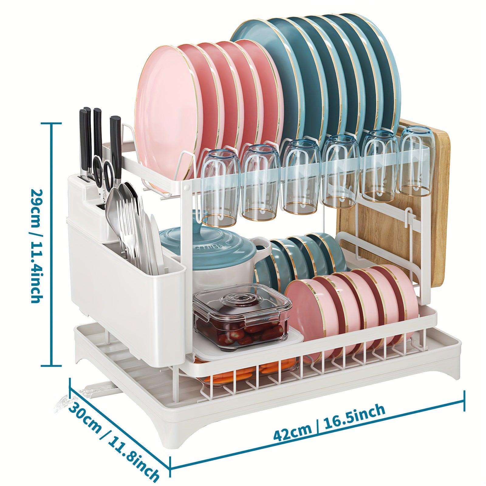 Spacious 2-Tier White Dish Rack with Blue Accents - Multipurpose Kitchen Counter Organizer with Drainboard, Cup Holder & Utensil Slot, Rust-Proof Metal, Space-Saving Design