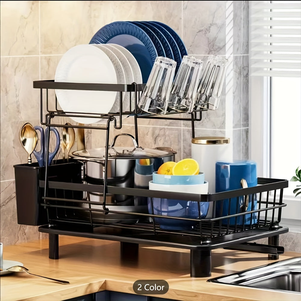 Dish Drying Rack With 2-tier, Stainless Steel Dish Rack And Drainboard Set With Removable Drip Tray, 360° Swivel Spout, Utensil Holder, Large Capacity Dish Drainer For Kitchen Counter