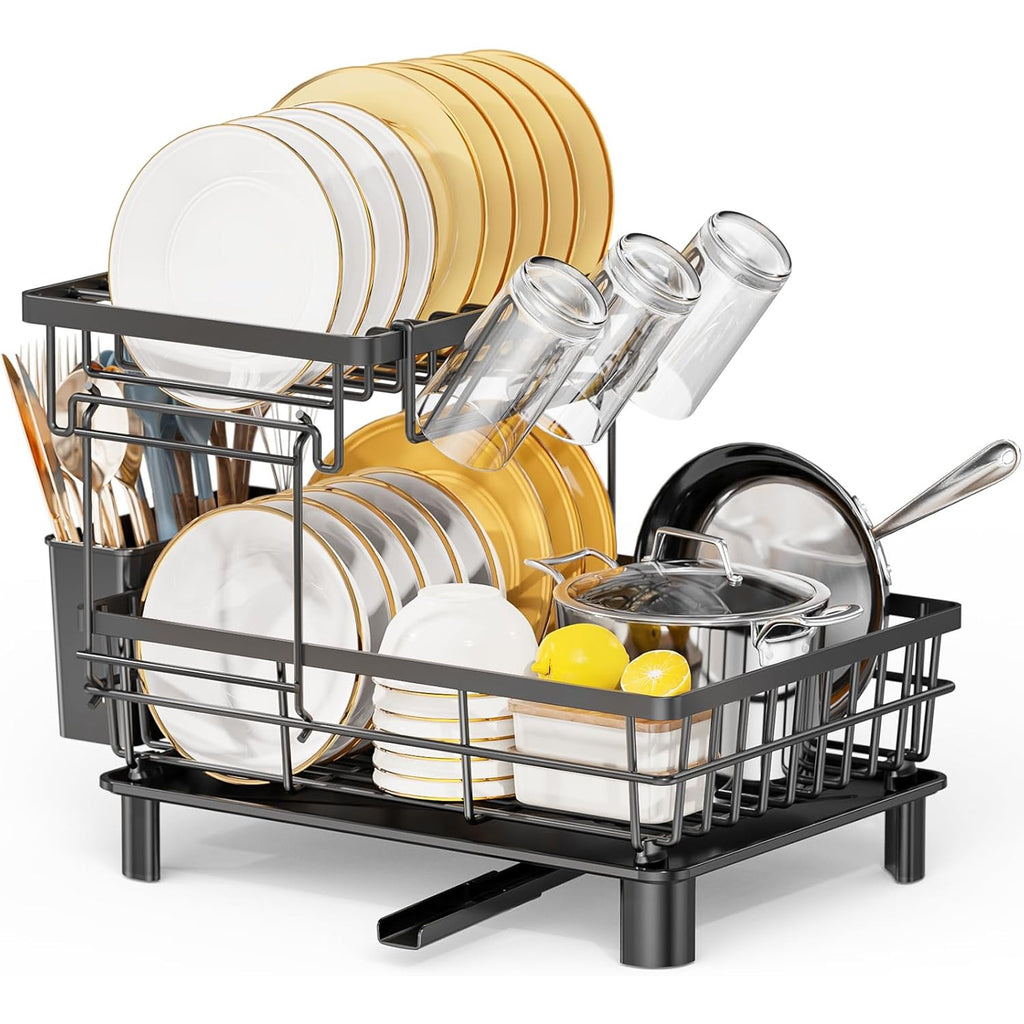 [Steel Dish Rack] Stainless Steel 1/2 Tier Dish Drying Rack | Multifunctional Dish Rack Kitchen Counter, Dish Drainer With Drainboard, Utensil Holder, Cup Holder Dishes, Knives, Spoons, Forks, Black