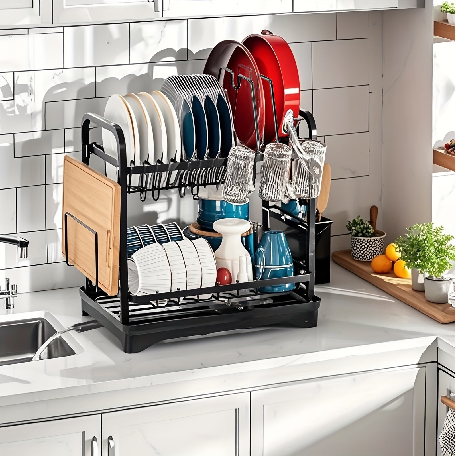 2 Tier Dish Drying Rack with Pot Holders, Dish Racks for Kitchen Counter, Kitchen Utensil Holder Dish Rack with Drainboard, Metal Kitchen Dish Rack, Kitchen Drying Rack Two Tier, Black Dish Racks, Kitchen Organizer, Pantry Organizers And Storage