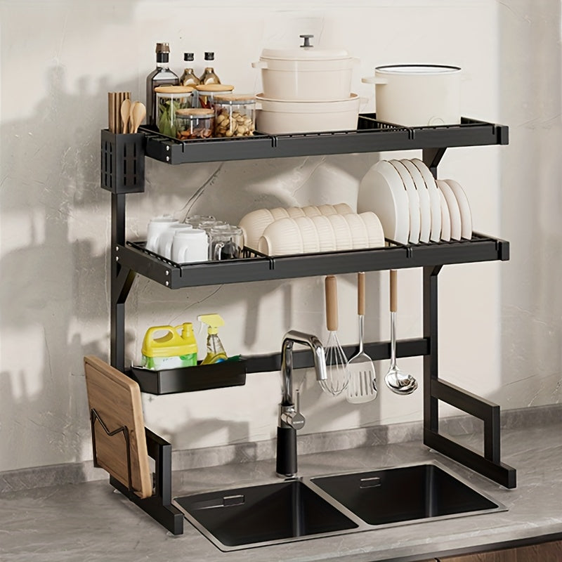 1-Layer/2-Layer Adjustable Countertop Dish Drying Rack - Removable Multi-Functional Kitchen Organizer with Chopstick Holder, Sponge & Cutting Board Storage, Space-Saving Plastic/Metal Design for Sink Area, Dish Drying Rack for Kitchen Counter, Utensil