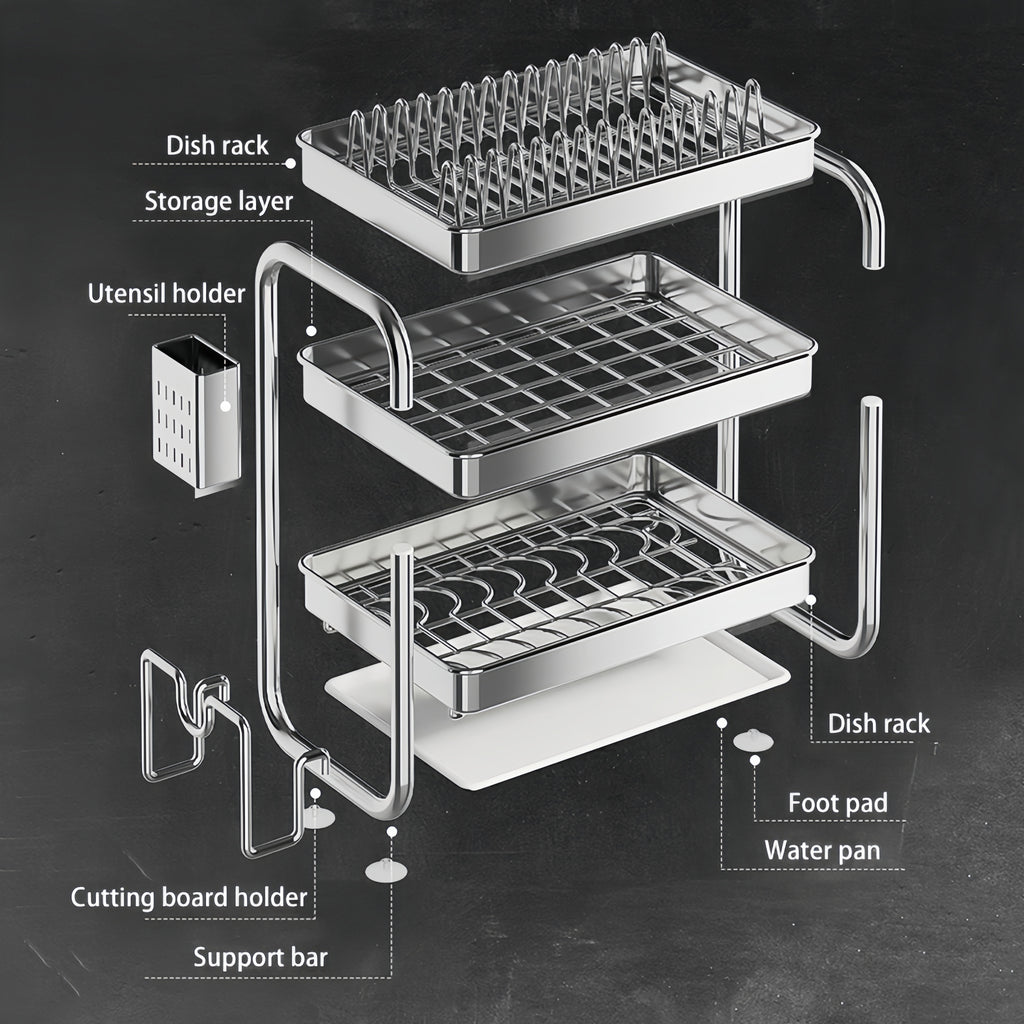 [Space-Saving Dish Rack] Stainless Steel Dish Drying Rack | Space-Saving Kitchen Counter Dish Rack With Cutlery Holder