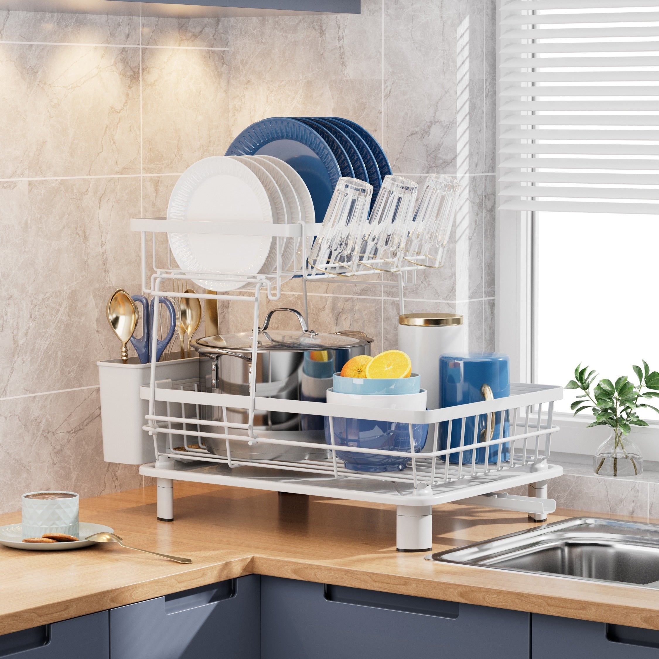 2-Tier Dish Drying Rack with Drainboard - Metal and Plastic Kitchen Dish Drainer with Utensil Holder - Anti-Rust Compact Countertop Dish Rack Organizer - 1pc Dish Racks for Home Kitchen Storage