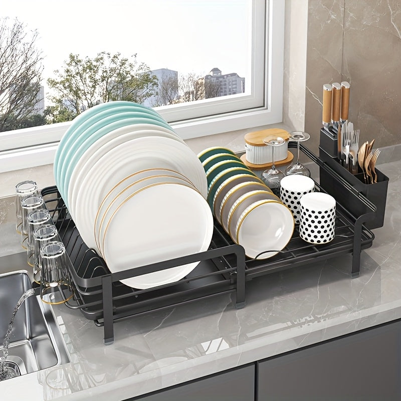 1pc Expandable Dishwasher Rack - Large Utensil Drying Rack with Drainage Plate Set, Multifunctional Utensil Rack for Kitchen Counter, Extendable Utensil Drain for Kitchen Counter, Valentine's Day Gifts, Black/white, 12.59 "W X 13.77" D