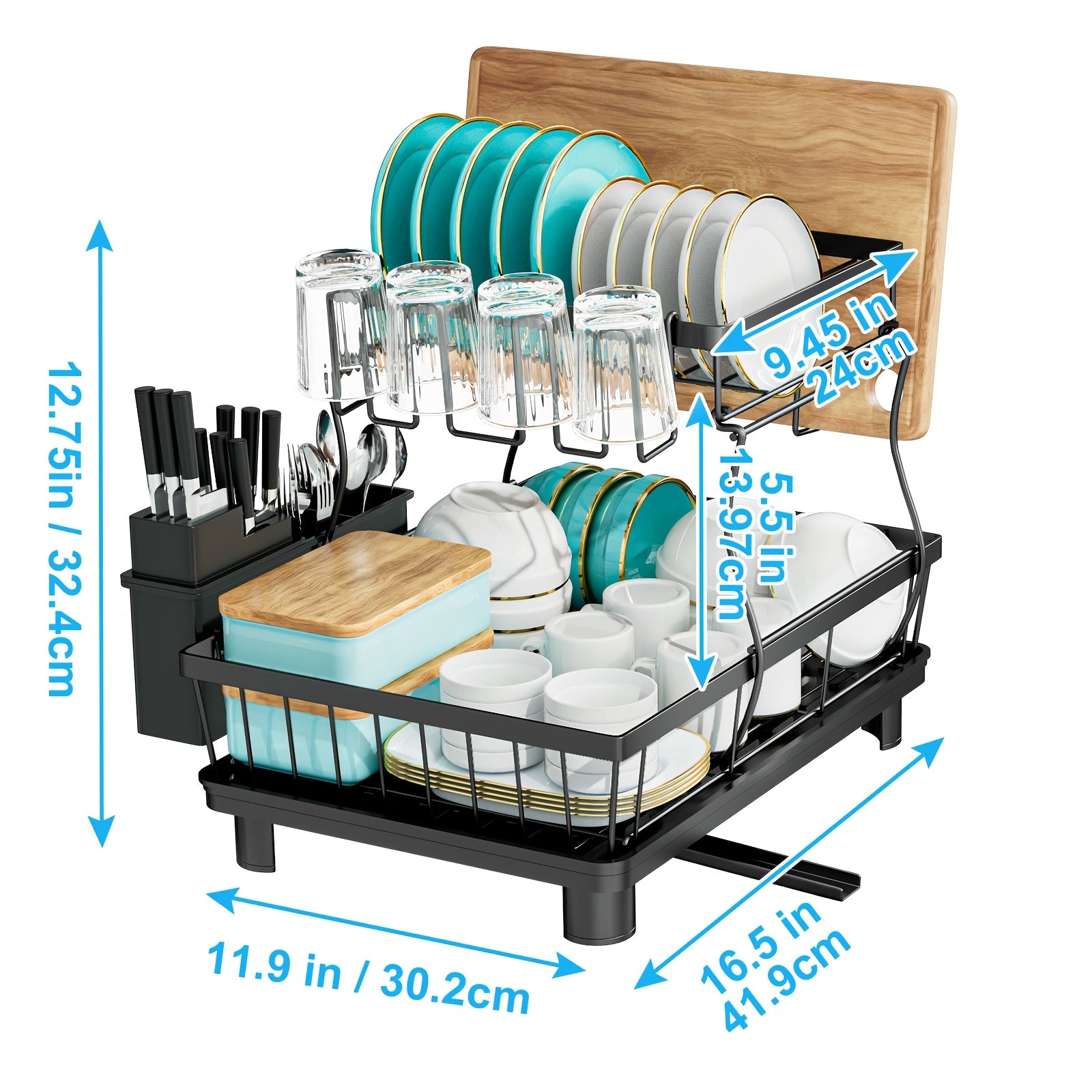 Space saving 2-layer high-capacity sink with bowl and dish holder above, equipped with cutting board, bowl and cup holder, kitchen organizer, durable