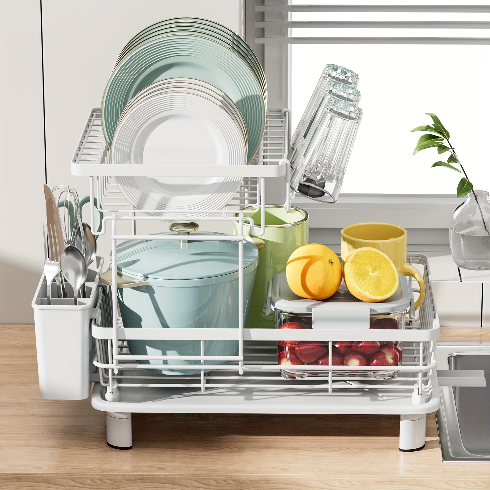 2-Tier Dish Drying Rack with Drain Tray and Swivel Drip Spout, Multifunctional Kitchen Countertop Storage Organizer - Metal and Plastic, Includes Cup Holder and Cutlery Holder, Space-Saving Plate Rack for Home and Apartment Use, 1pc