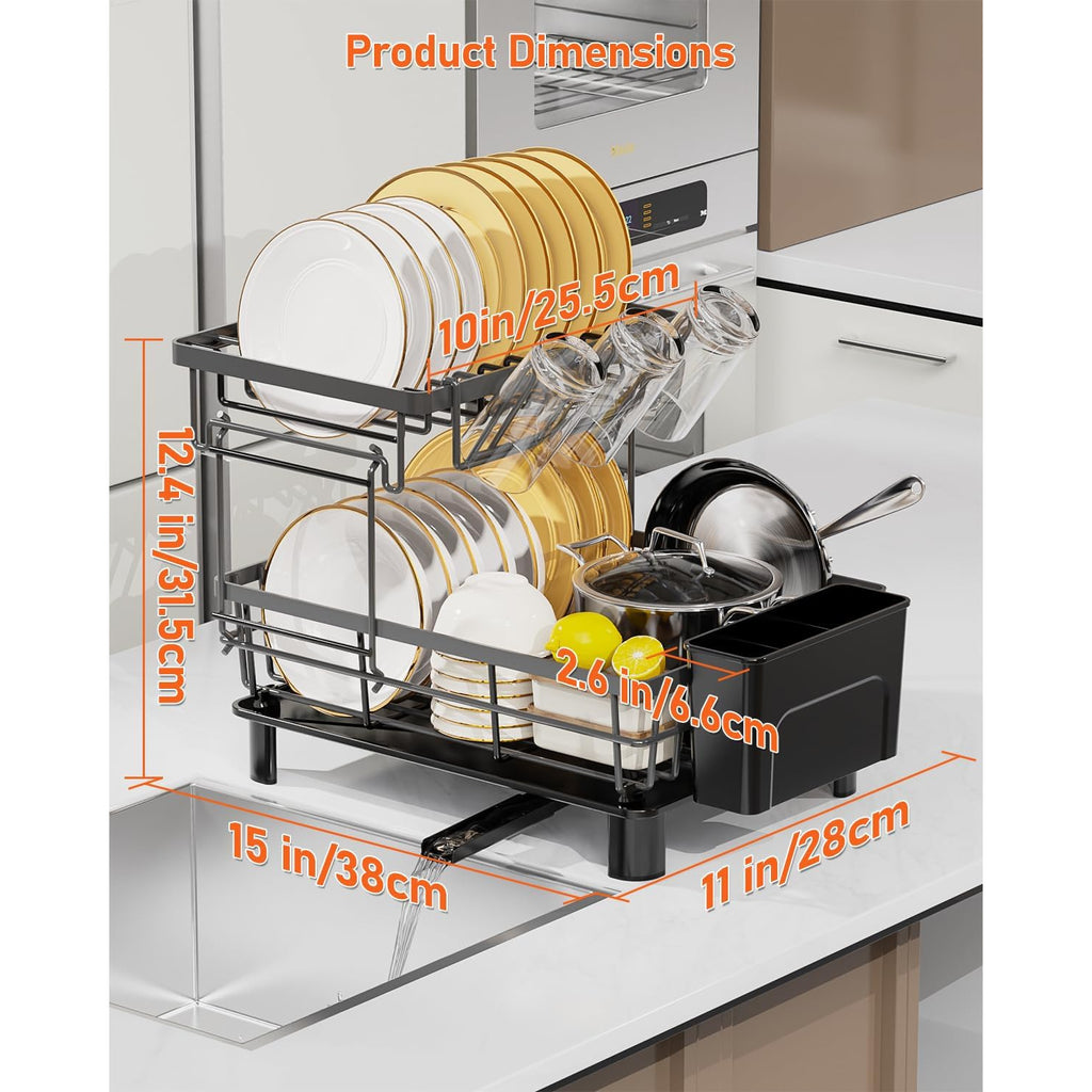 [Steel Dish Rack] Stainless Steel 1/2 Tier Dish Drying Rack | Multifunctional Dish Rack Kitchen Counter, Dish Drainer With Drainboard, Utensil Holder, Cup Holder Dishes, Knives, Spoons, Forks, Black
