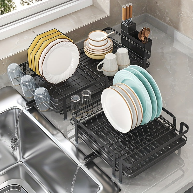 1pc Expandable Dishwasher Rack - Large Utensil Drying Rack with Drainage Plate Set, Multifunctional Utensil Rack for Kitchen Counter, Extendable Utensil Drain for Kitchen Counter, Valentine's Day Gifts, Black/white, 12.59 "W X 13.77" D
