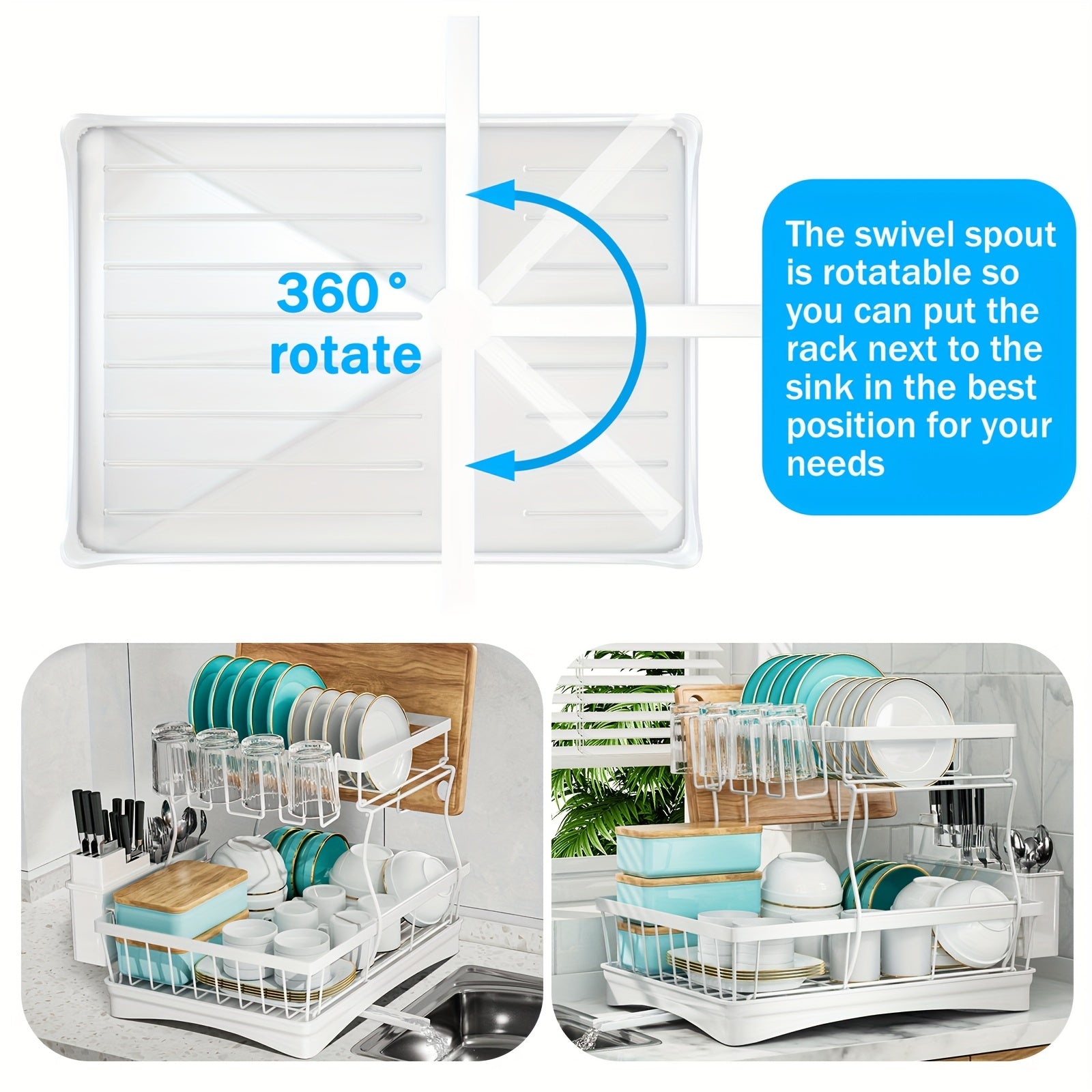 Space saving 2-layer high-capacity sink with bowl and dish holder above, equipped with cutting board, bowl and cup holder, kitchen organizer, durable