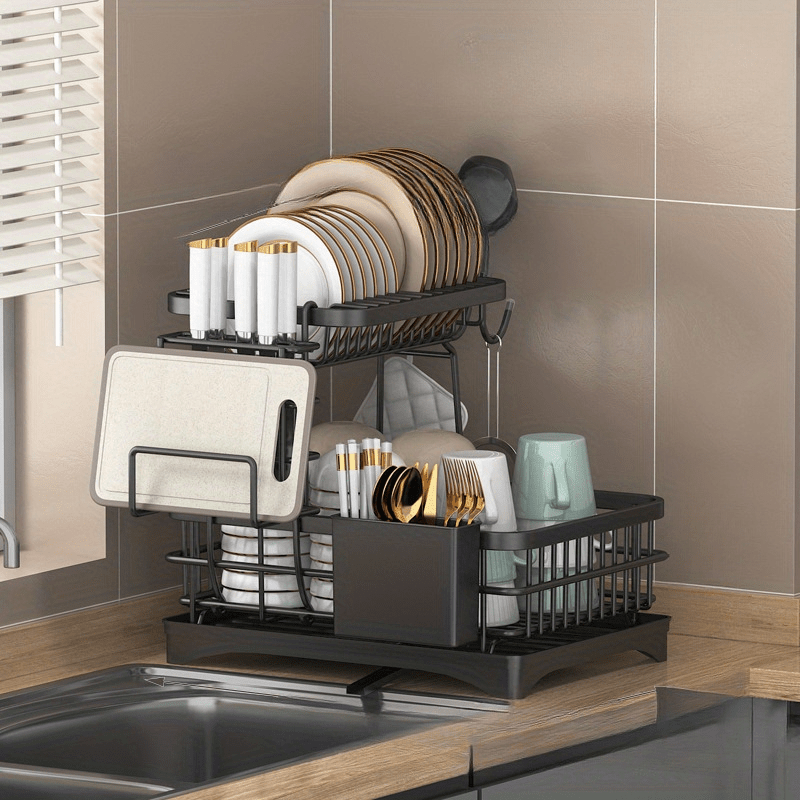 [Heavy-Duty Dish Rack] Space-Saving Heavy-Duty Dish Rack - 2-Tier Dish Drying Rack with Drainboard & Utensil Holder, No Assembly Needed, Compact Kitchen Organizer for Countertop, Plates, Pots, Bowls - Rustresistant Material, Classic Design, Ideal for Home