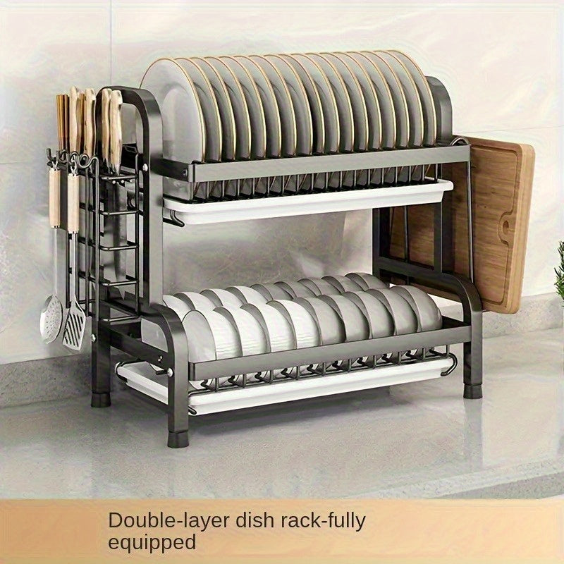 1pc 2-Tier Stainless Steel Kitchen Dish Rack with Utensil Organizer - Space-Saving Countertop Storage for Plates, Bowls & Cutlery (Includes Bonus Dishes), Corrosion-Resistant Design, 2 Tiers Suitable Modern Kitch
