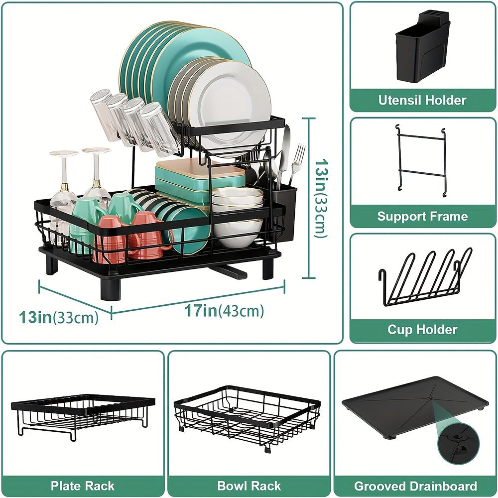 2-Tier Kitchen Dish Drying Rack With Removable Utensil Holder, Large Capacity Drying Rack With Drainboard For Kitchen Sink Counter