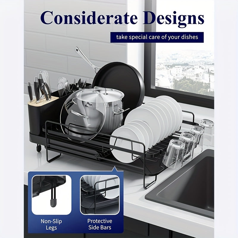 Large Dish Drying Rack With Drainboard Set, Dish Rack Extendable Dish Rack, Utensil Holder, Cup Holder, Expandable Dish Drainer For Kitchen Counter