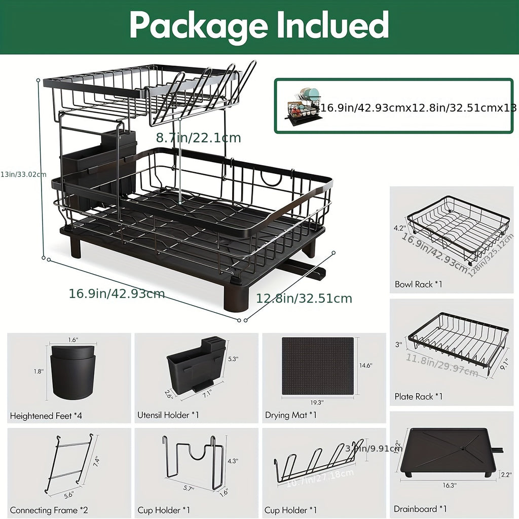 Dish Drying Rack, 2 Tier Dish Racks For Kitchen Counter, Large Dish Drying Rack With Drainboard & Utensil Holders, Rust-Proof Dish Drainers, Kitchen Organization