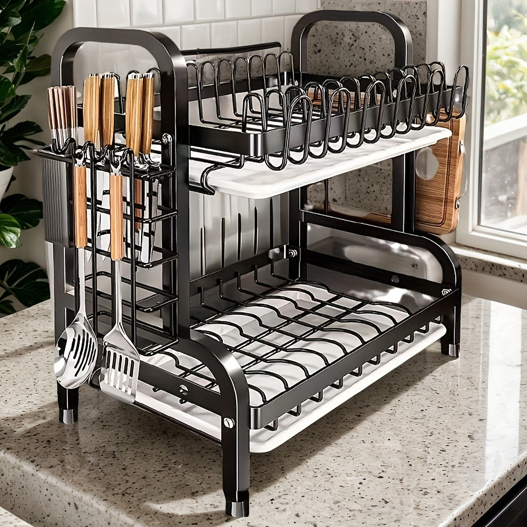 1pc 2-Tier Stainless Steel Kitchen Dish Rack with Utensil Organizer - Space-Saving Countertop Storage for Plates, Bowls & Cutlery (Includes Bonus Dishes), Corrosion-Resistant Design, 2 Tiers Suitable Modern Kitch