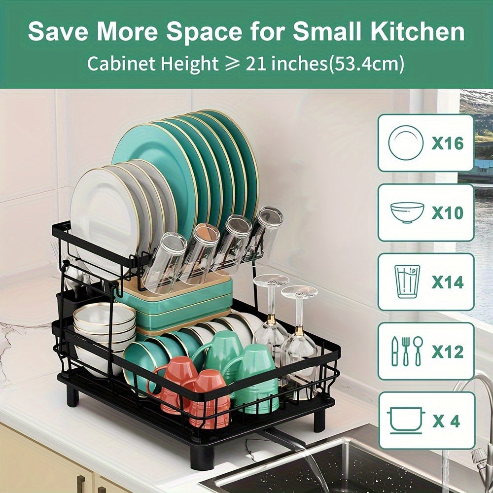 2-Tier Kitchen Dish Drying Rack With Removable Utensil Holder, Large Capacity Drying Rack With Drainboard For Kitchen Sink Counter