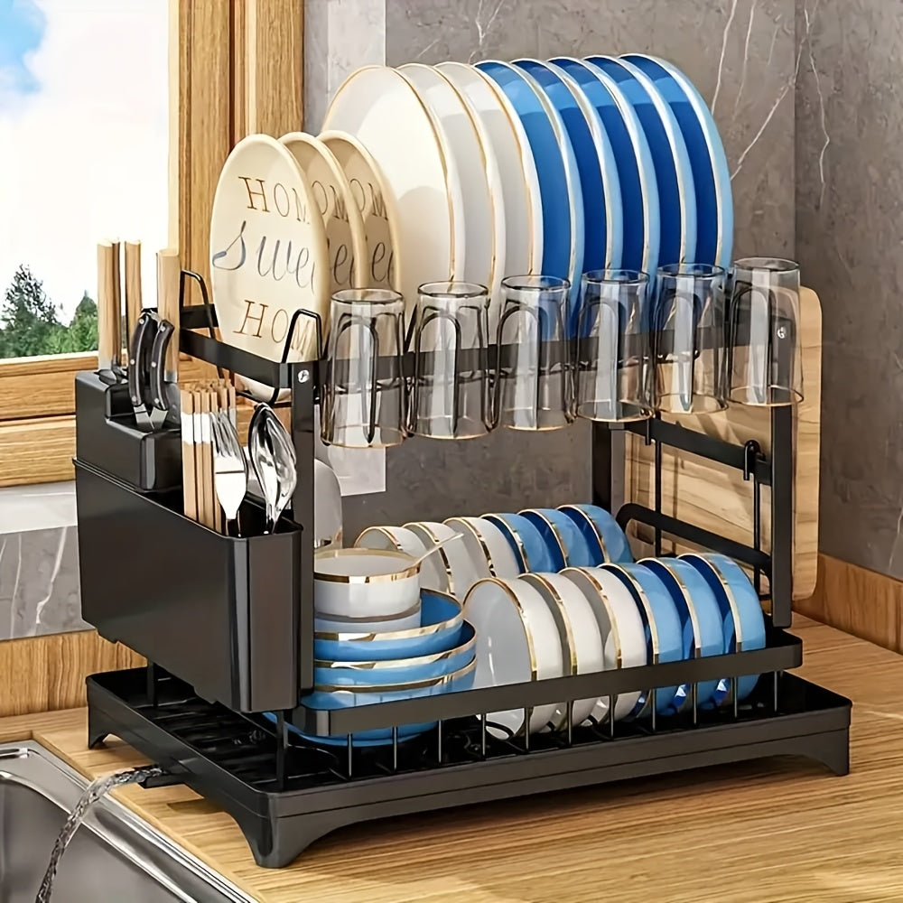 [Space-Saving Dish Drying Rack] Large Capacity 2-Tier Metal Dish Drying Rack with Drainboard | Stainless Steel Kitchen Counter Organizer for Dishes, Bowls & Cookware - Black, Space-Saving Design for 3-4 Person Households, Utensil Holders & Knife Slots