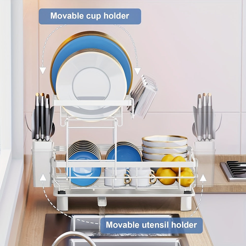2-Tier Kitchen Dish Drying Rack With Removable Utensil Holder, Large Capacity Drying Rack With Drainboard For Kitchen Sink Counter