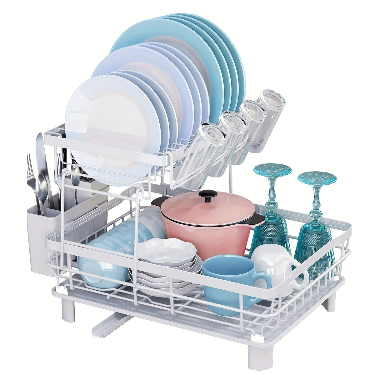 Dish Drying Rack, 2 Tier Dish Rack For Kitchen Counter With Utensil Holder, Cup Holder, Drying Mat, Drainboard, Dish Strainer, Dish Drainer For Sink, Utility Racks