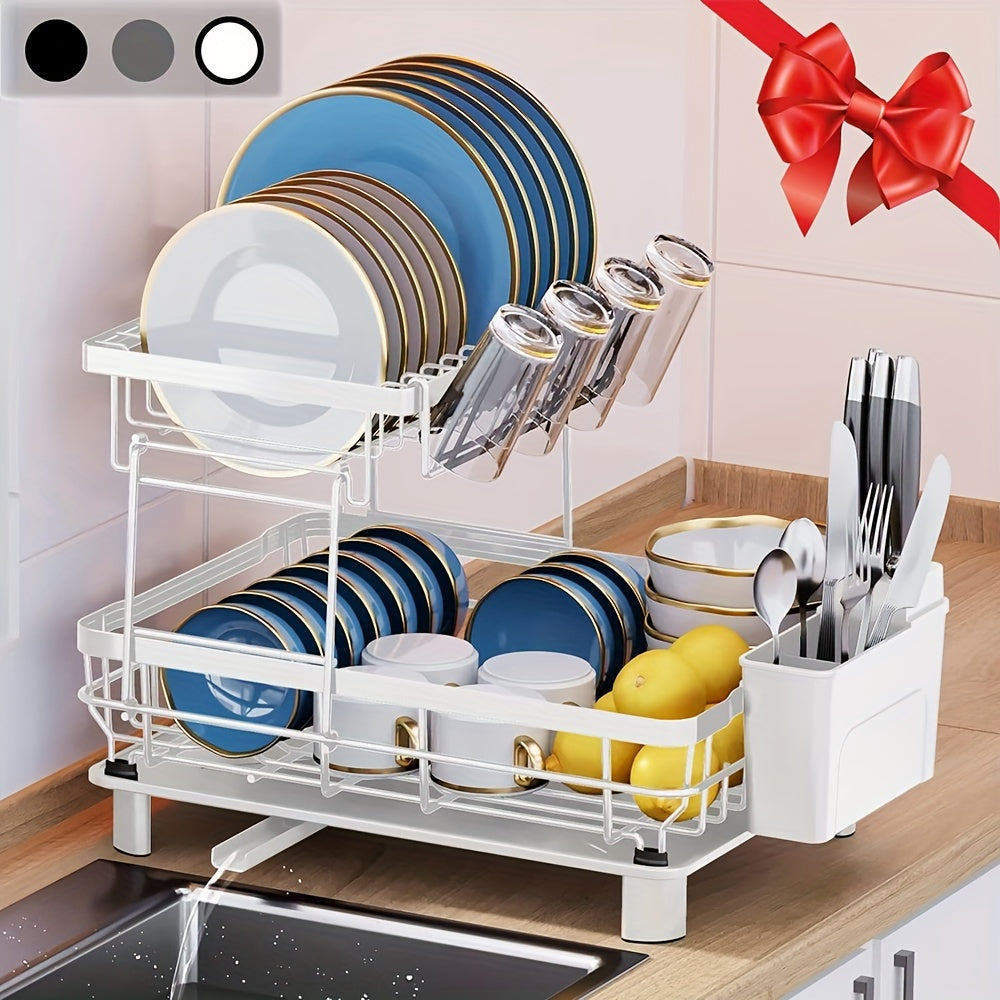2-Tier Kitchen Dish Drying Rack With Removable Utensil Holder, Large Capacity Drying Rack With Drainboard For Kitchen Sink Counter