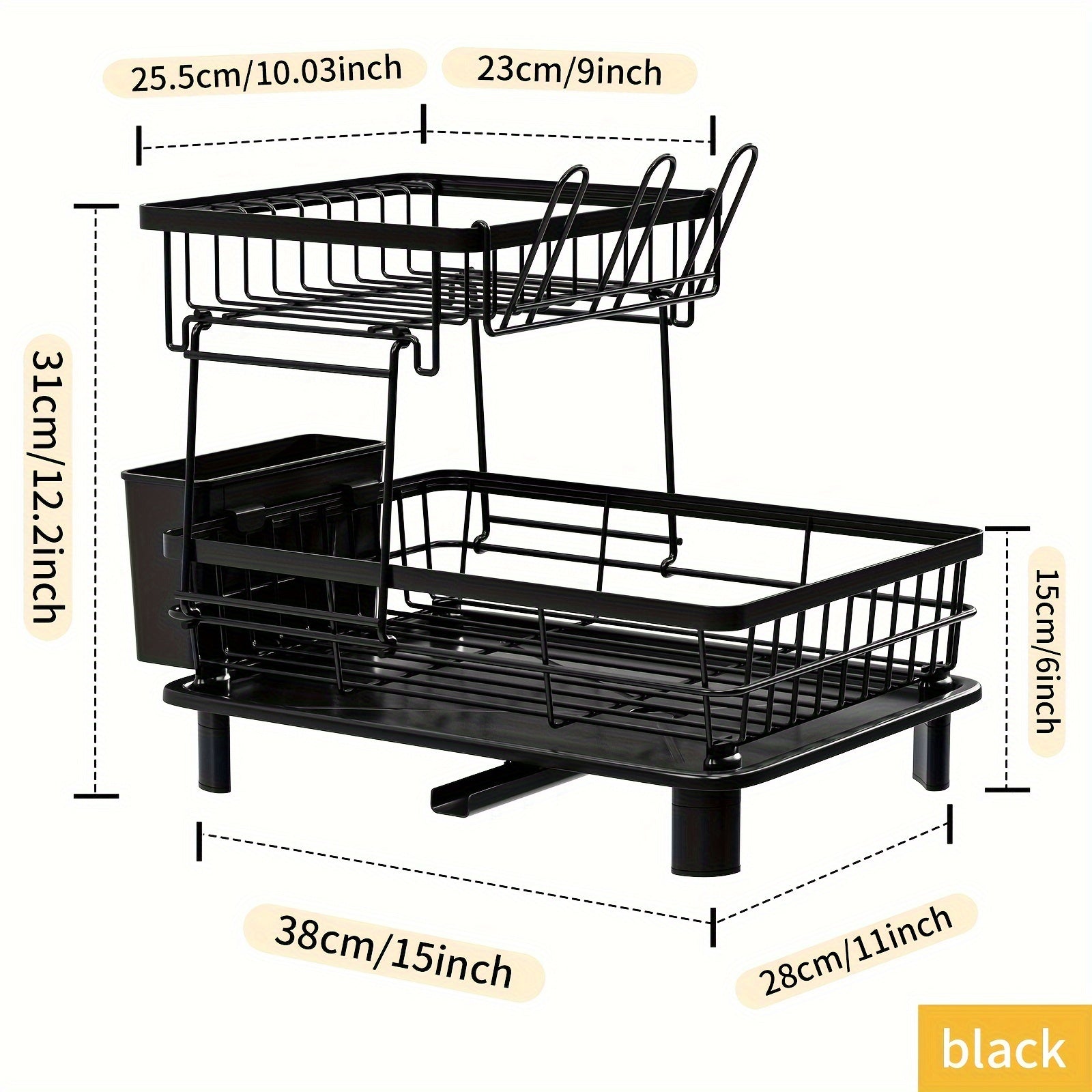 2-Tier Dish Drying Rack with Drainboard - Metal and Plastic Kitchen Dish Drainer with Utensil Holder - Anti-Rust Compact Countertop Dish Rack Organizer - 1pc Dish Racks for Home Kitchen Storage
