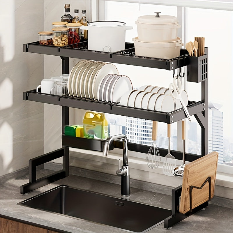 1-Layer/2-Layer Adjustable Countertop Dish Drying Rack - Removable Multi-Functional Kitchen Organizer with Chopstick Holder, Sponge & Cutting Board Storage, Space-Saving Plastic/Metal Design for Sink Area, Dish Drying Rack for Kitchen Counter, Utensil