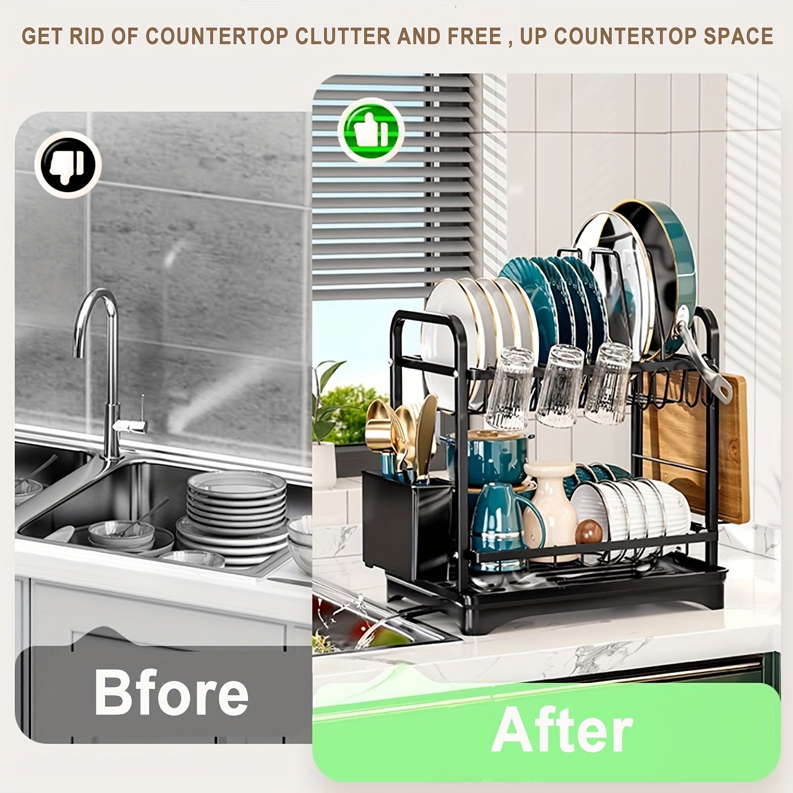 2 Tier Dish Drying Rack with Pot Holders, Dish Racks for Kitchen Counter, Kitchen Utensil Holder Dish Rack with Drainboard, Metal Kitchen Dish Rack, Kitchen Drying Rack Two Tier, Black Dish Racks, Kitchen Organizer, Pantry Organizers And Storage