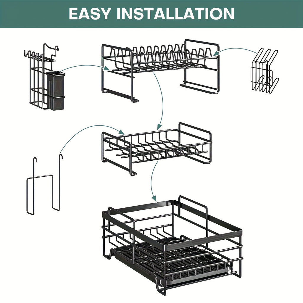 3-Tier Stainless Steel Dish Drying Rack with Removable Utensil Holder, Adjustable Plate Storage & Automatic Drainboard – Space-Saving Kitchen Counter Organizer for Dishes, Bowls, Mugs & More, Dish Drying Rack for Kitchen Counter