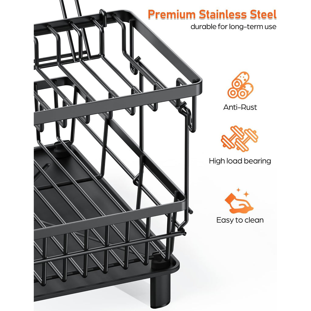 [Steel Dish Rack] Stainless Steel 1/2 Tier Dish Drying Rack | Multifunctional Dish Rack Kitchen Counter, Dish Drainer With Drainboard, Utensil Holder, Cup Holder Dishes, Knives, Spoons, Forks, Black