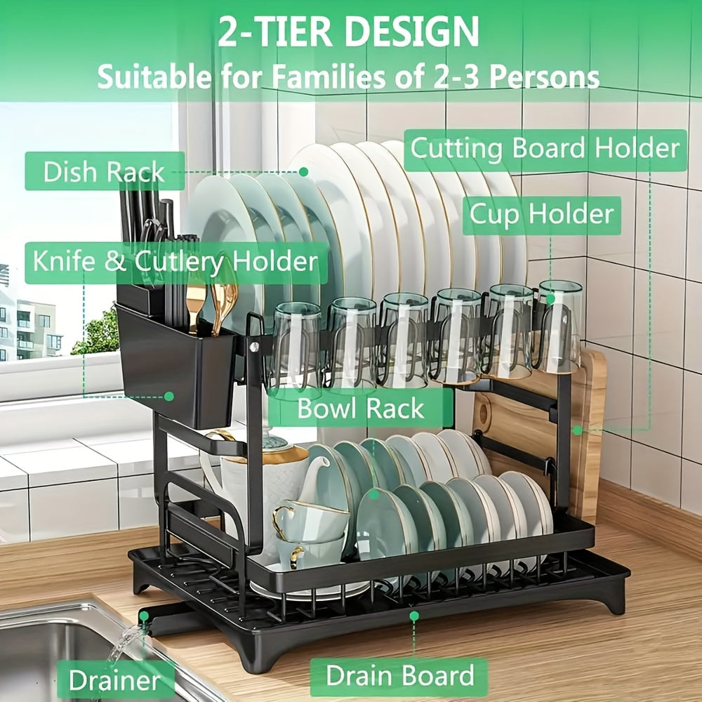 [Space-Saving Dish Drying Rack] Large Capacity 2-Tier Metal Dish Drying Rack with Drainboard | Stainless Steel Kitchen Counter Organizer for Dishes, Bowls & Cookware - Black, Space-Saving Design for 3-4 Person Households, Utensil Holders & Knife Slots