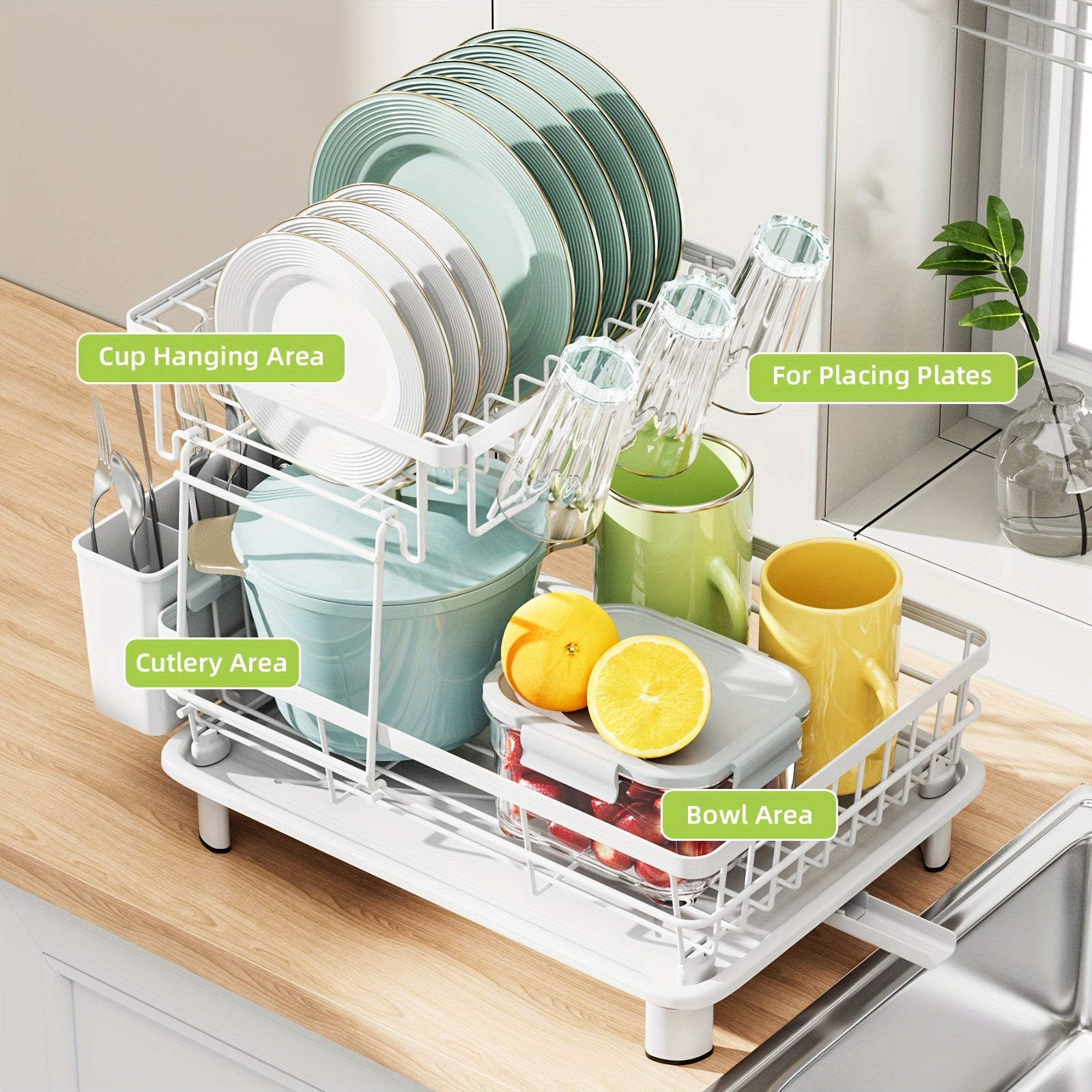 2-Tier Dish Drying Rack with Drain Tray and Swivel Drip Spout, Multifunctional Kitchen Countertop Storage Organizer - Metal and Plastic, Includes Cup Holder and Cutlery Holder, Space-Saving Plate Rack for Home and Apartment Use, 1pc