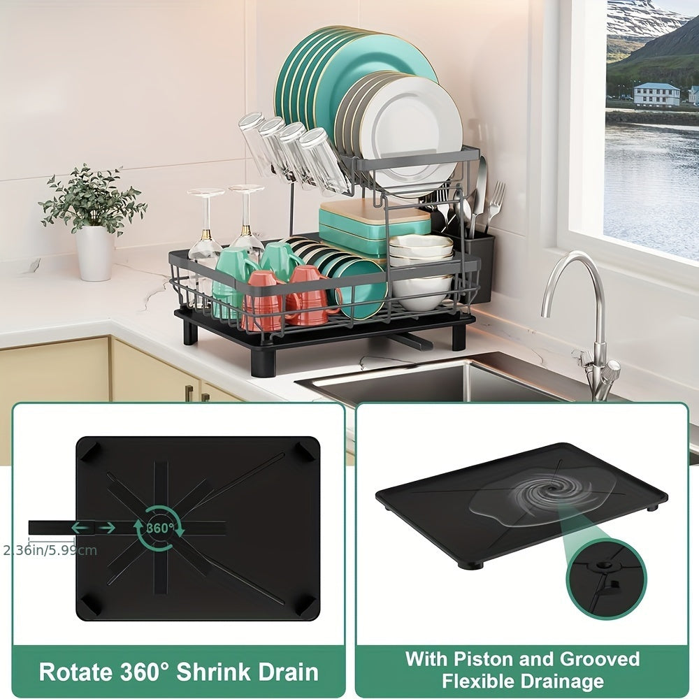 2-Tier Kitchen Dish Drying Rack With Removable Utensil Holder, Large Capacity Drying Rack With Drainboard For Kitchen Sink Counter