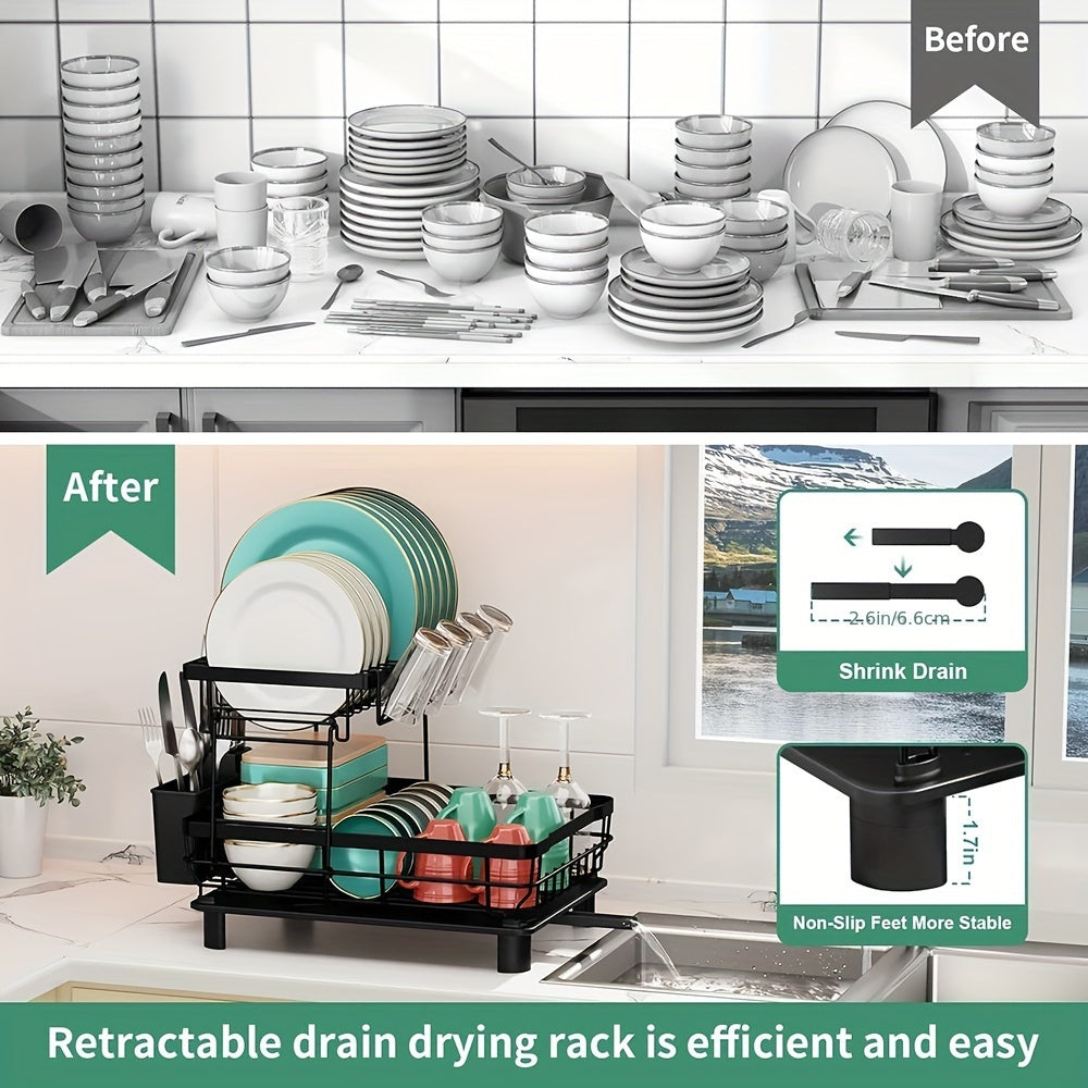 2-Tier Kitchen Dish Drying Rack With Removable Utensil Holder, Large Capacity Drying Rack With Drainboard For Kitchen Sink Counter