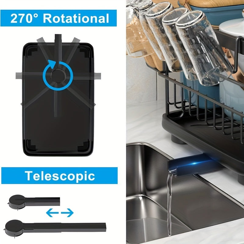 2-Tier Dish Drying Rack with Drain Board, Cutlery Holder, Cutting Board/Cup Holder and 3 Kitchen Counter Hooks, Rust-Proof Large Dish Drain Rack, Black
