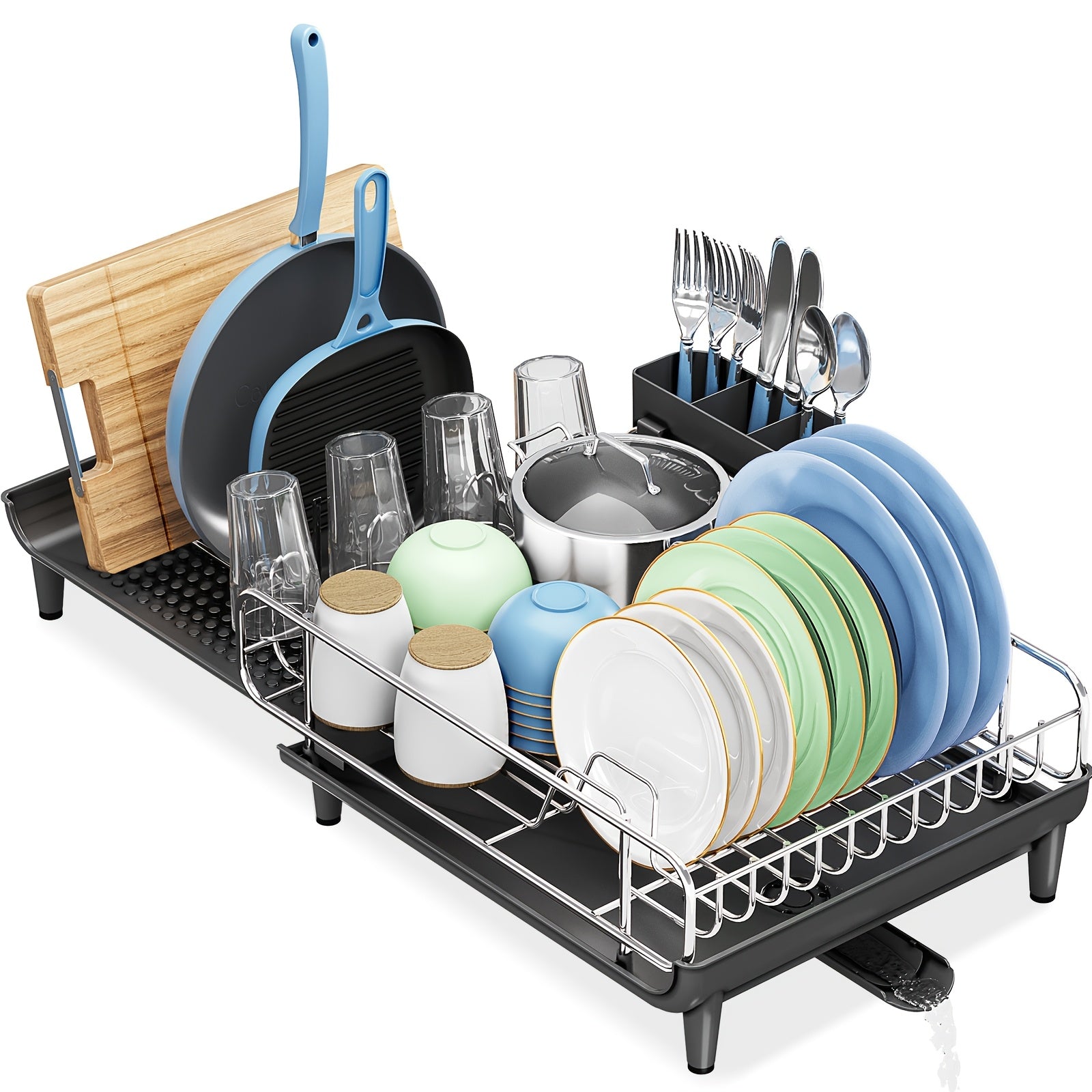 1pc KINGRACK Expandable Dish Drying Rack - Stainless Steel Dish Drainer with Cup & Utensil Holder, Collapsible Countertop Dish Rack with Pan & Pot Holder, Metal Dish Strainer for Kitchen Counter, Food Contact Safe, No Electricity Needed, Ideal for