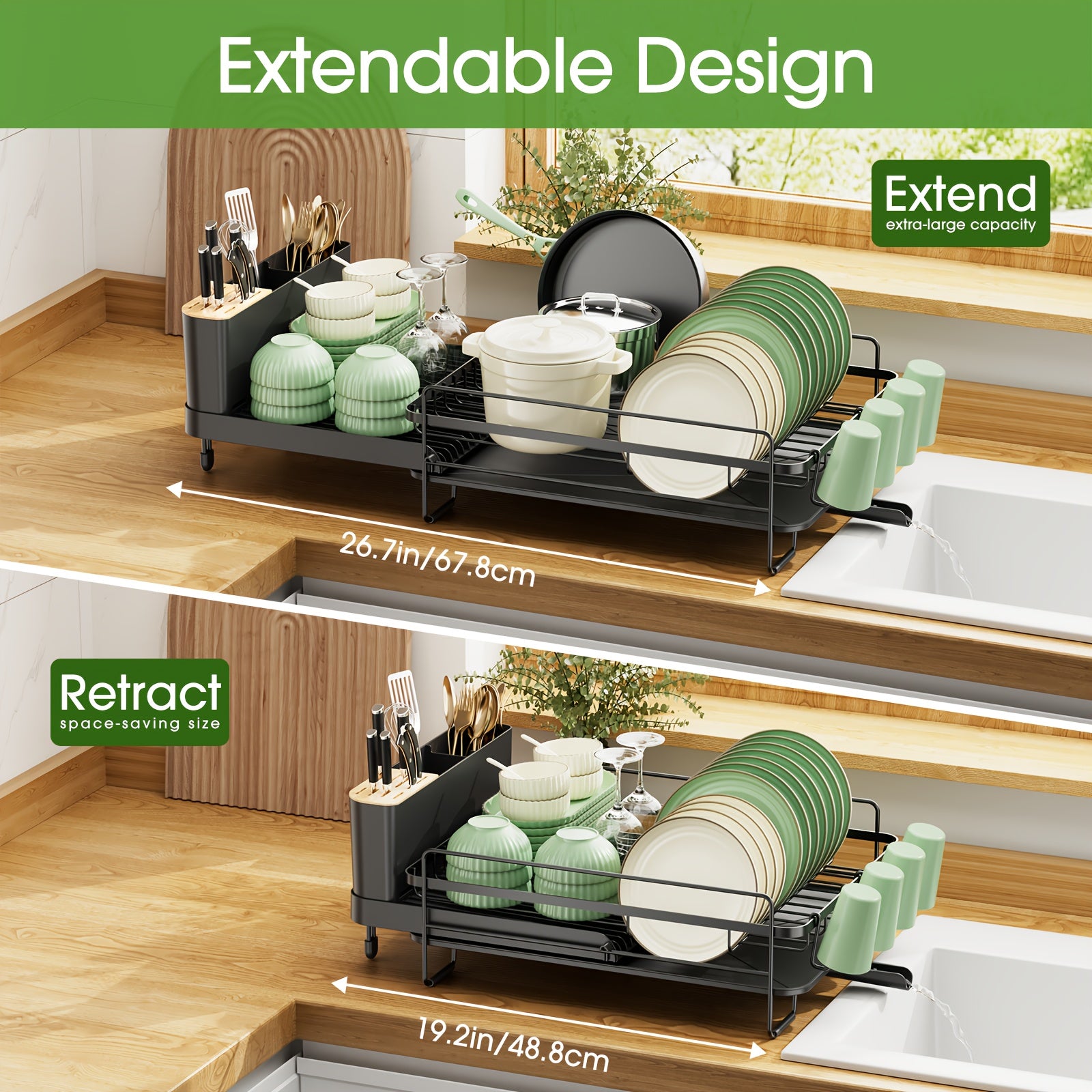 Large Extendable Dish Drying Rack - Anti-Rust Multifunctional Dish Rack And Drainboard Set, Durable Efficient Drying For Kitchen